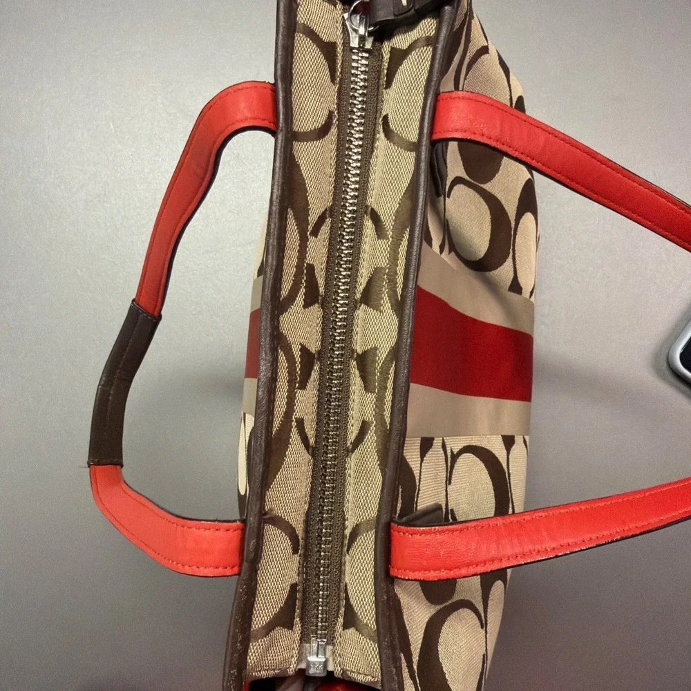 Coach Signature Jacquard Stripe Tote Bag Khaki Brown Red Canvas Shoulder Bag